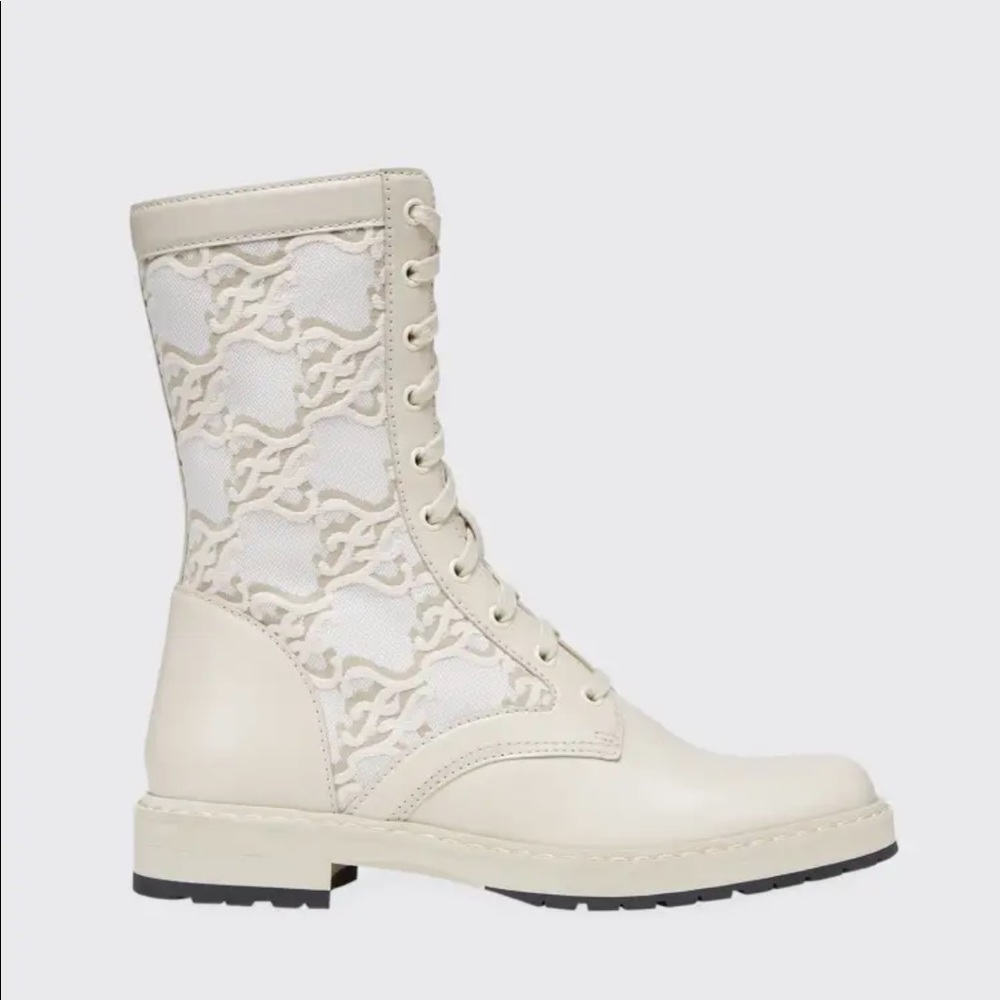 Fendi logo jacquard canvas and leather combat booties, white. Size 8.